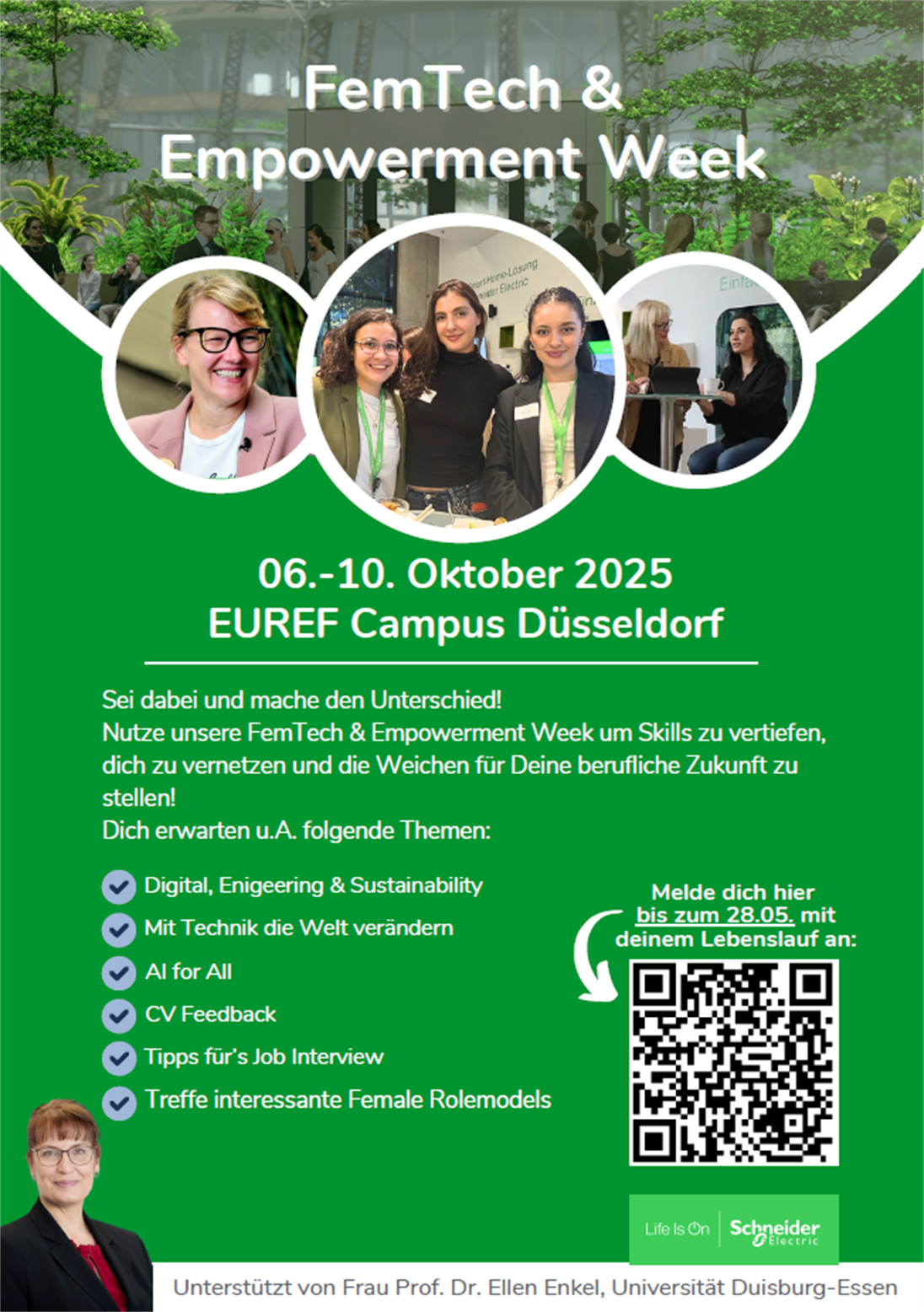 Flyer zur Femtech Empowerment Week. Inhalt: Sei dabei und mache den Unterschied!
Nutze unsere FemTech & Empowerment Week um Skills zu vertiefen, dich zu vernetzen und die Weichen für Deine berufliche Zukunft zu stellen! Dich erwarten unter anderem folgende Themen: Digitalität, künstliche Intelligenz, Feedback zum Lebenslauf etc.